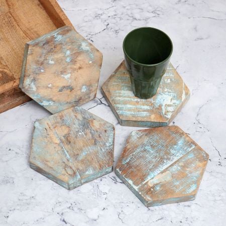 Hexagon Shaped Wooden Coasters for Home Decor - Pack of 4